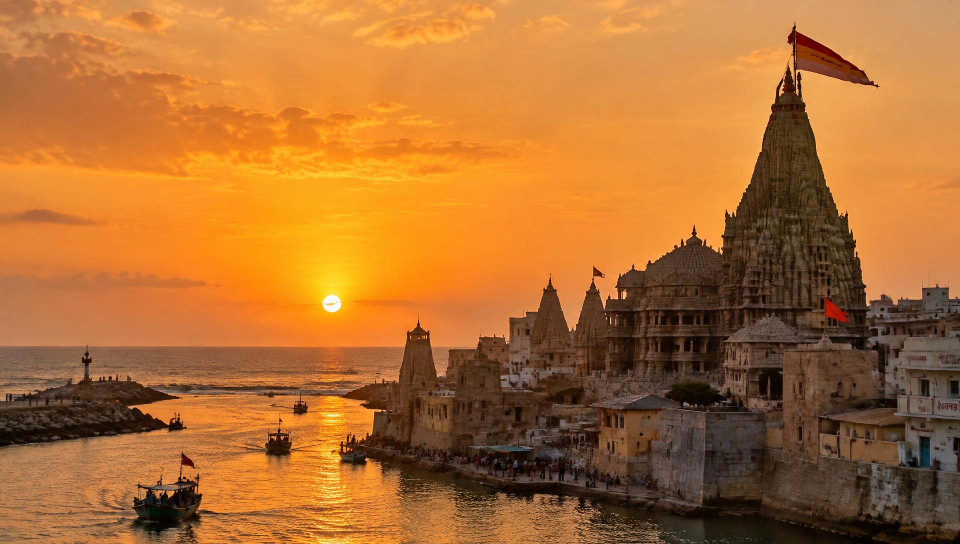 Dwarkadhish temple spire beside the Gomti creek at sunset